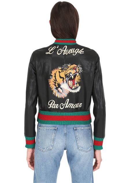 gucci leather hooded bomber jacket|Gucci tiger bomber jacket.